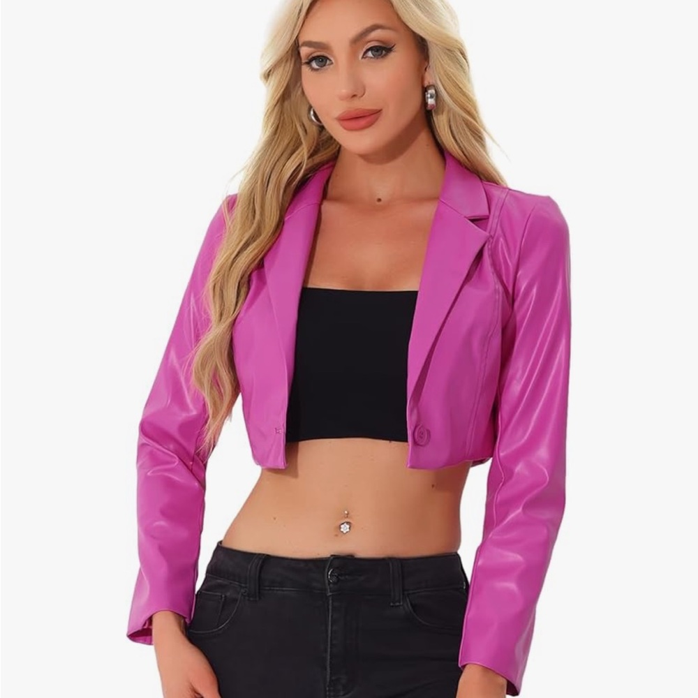 Allegra K Cropped Magenta Faux Leather Blazer